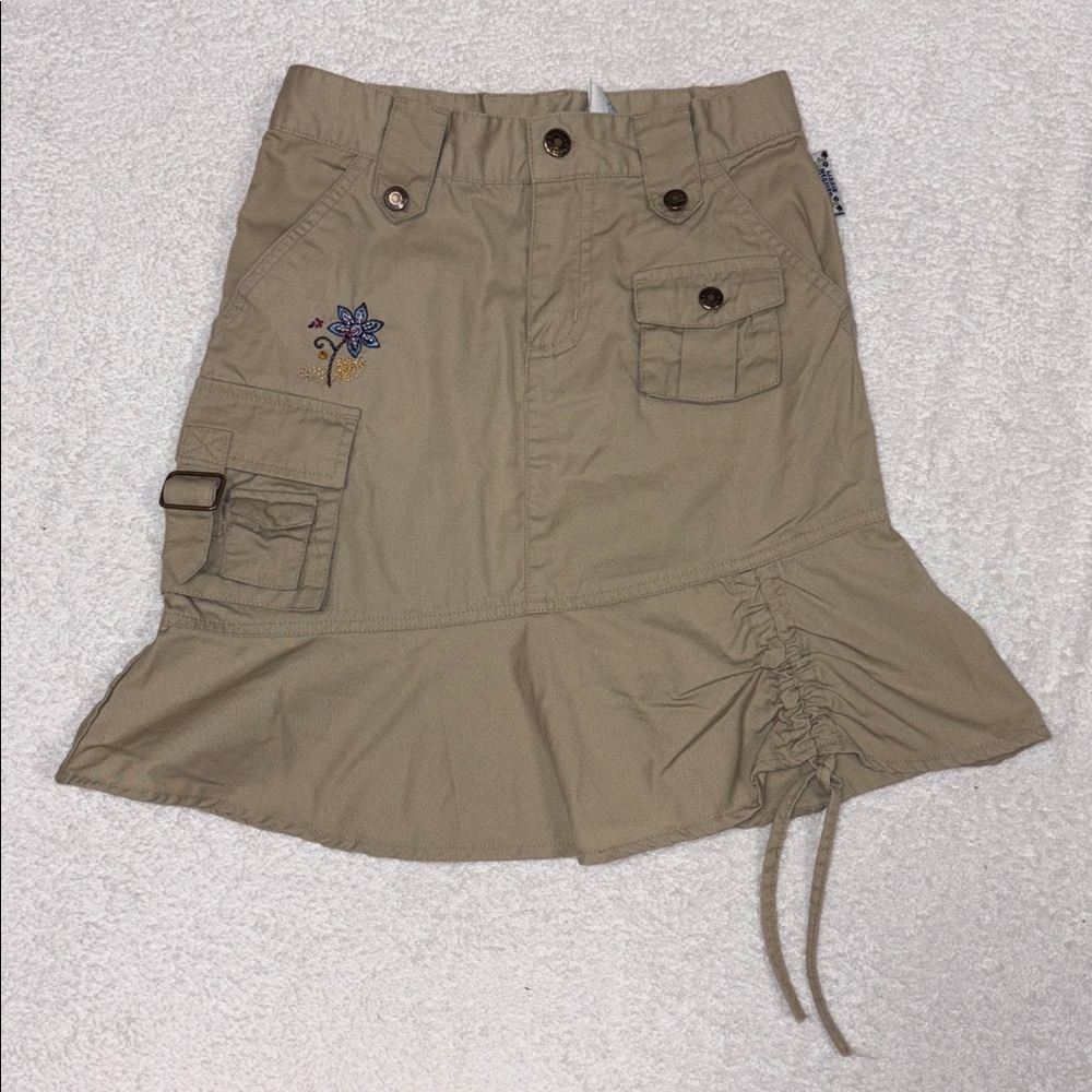 Y2K Lizzie Mcguire Tan Skirt with Embroidered Flower pockets ruched hem girls 8